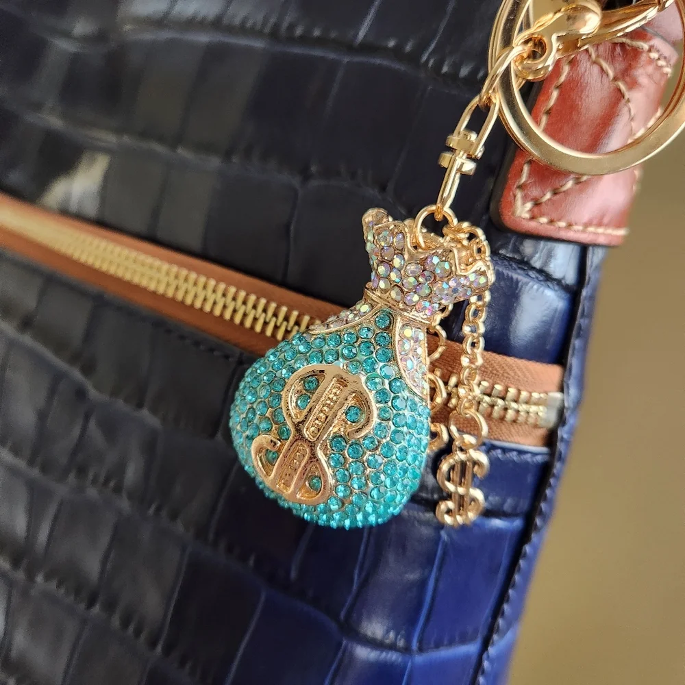 Bling Rhinestone Money Bag Keychain Crystal Purse Charm Gold Tone Blue